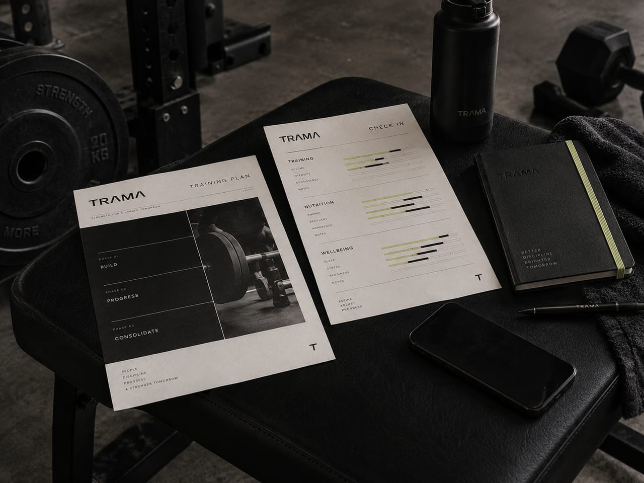 Ficha de check-in TRAMA, smartphone e caderno de registro organizados em um banco de treino